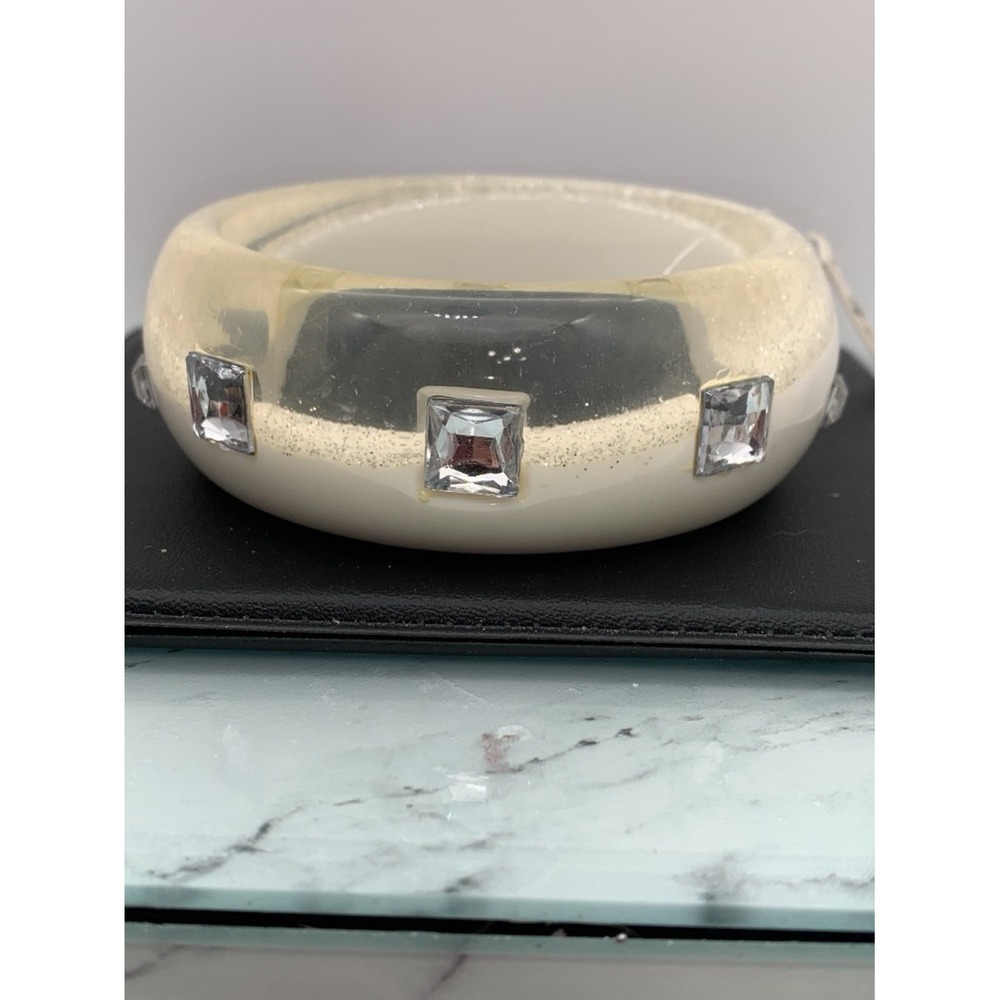NWT Chunky clear & Cream Resin Bangle Bracelet with Square Crystal Accents